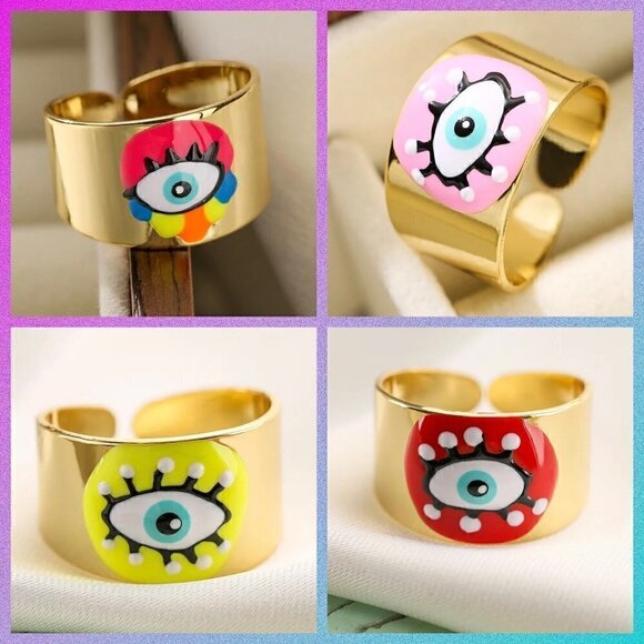 Boho Evil Eye Enamel and Copper Adjustable Ring #1300 NEON GREEN - Picture 8 of 14